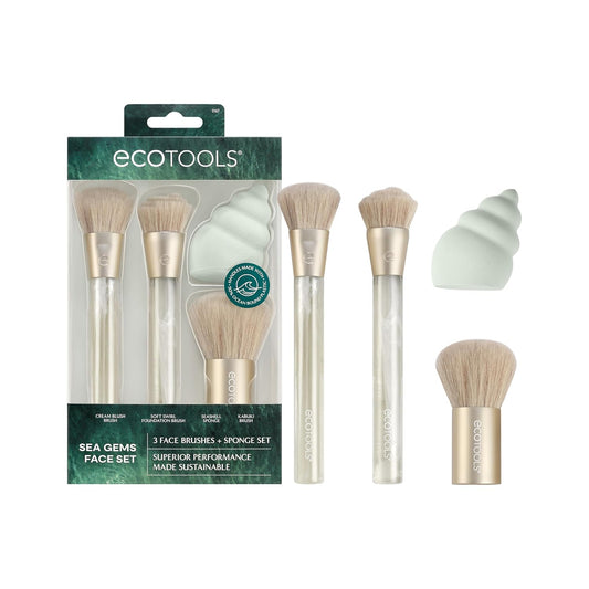 EcoTools Sea Gems Face Makeup Brush & Sponge 4 Piece Set, Eco-Friendly Makeup Brushes & Makeup Sponge, For Foundation, Blush, Contour, & Setting Powder, Recycled Plastic, Cruelty-Free Tools