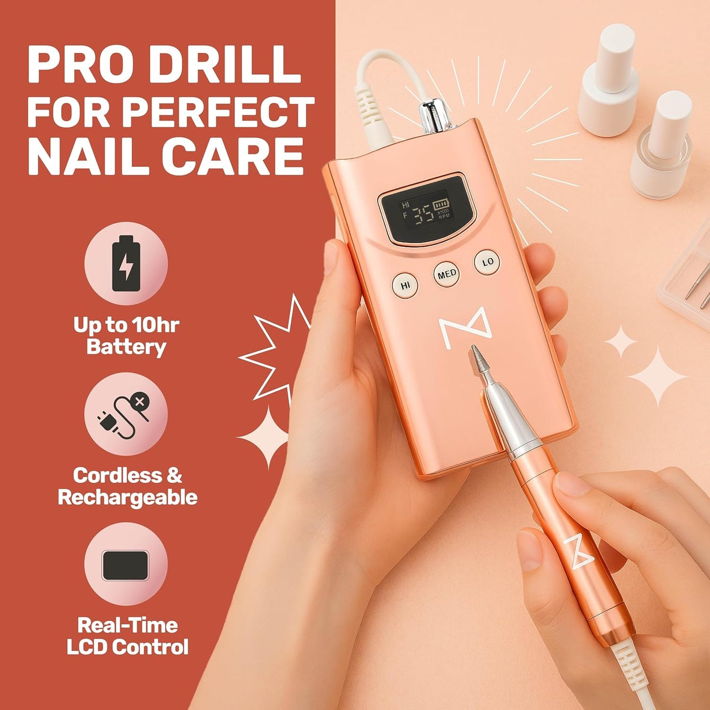M GEM Brushless Nail Drill 35K RPM | Professional Cordless Efile Machine | Rechargeable Electric Nail File with Bits | Portable Quiet Low Vibration Tool for Acrylic, Gel, Natural Nails (Metallic RG)