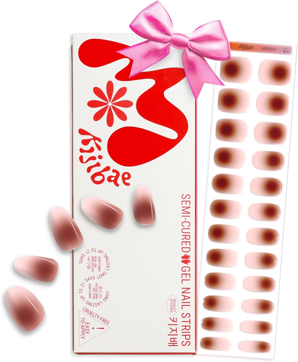 Semi Cured Gel Nail Strips - Minimalist Ombre Nail Polish Wraps, Works with Any UV Lamp - Long Lasting Easy Salon Manicure - 24pcs with 2 Prep Pads, Nail File & Cuticle Stick (Chocolate Bar)