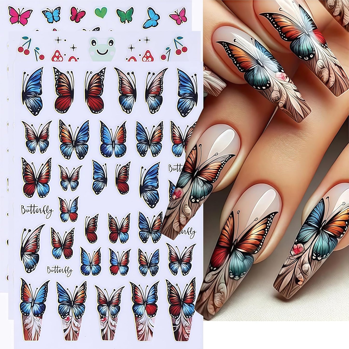 8 Sheets Butterfly Nail Stickers 3D Self-Adhesive Colorful Butterflies Decals Spring Summer Blue Butterfly Flower Designs Supplies for Women Girls DIY Manicure Decorations