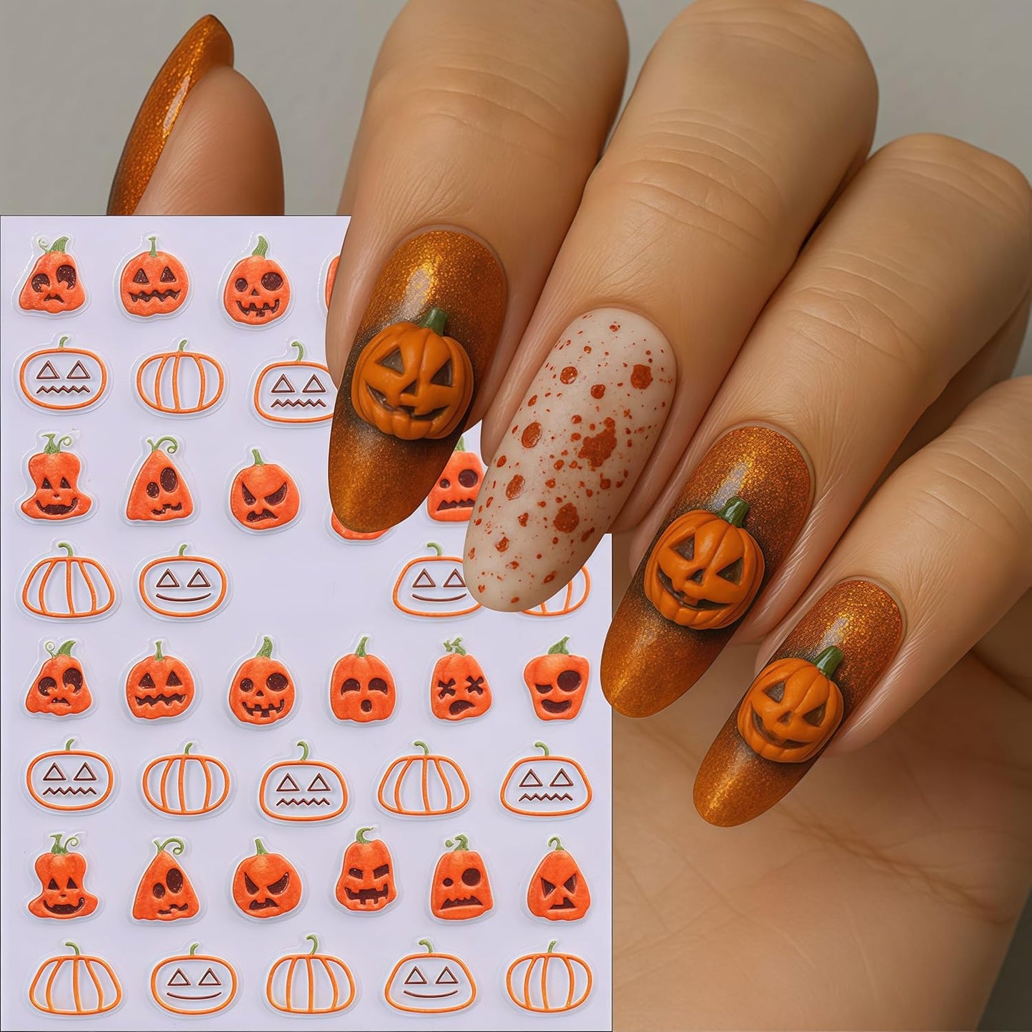 3 Sheets Halloween Pumpkin Nail Stickers 5D Embossed Self-Adhesive Pumpkin Fun Design Nail Decals Women Halloween DIY Nail Decoration