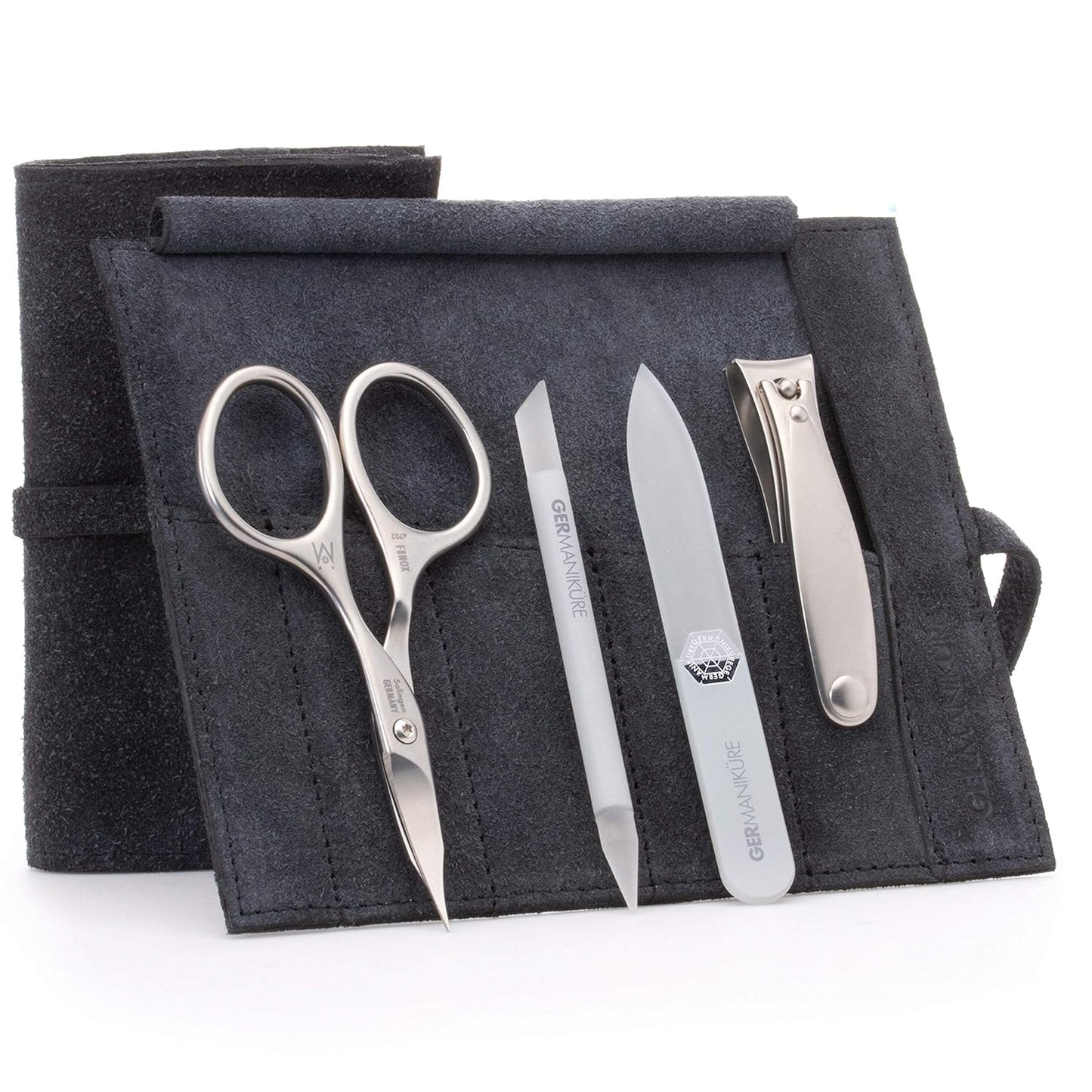GERMANIKURE 4pc Mini Professional Manicure Set in Suede Case - FINOX Stainless Steel Tools Made in Solingen Germany, Glass Nail Care Supplies Made in Czech Republic