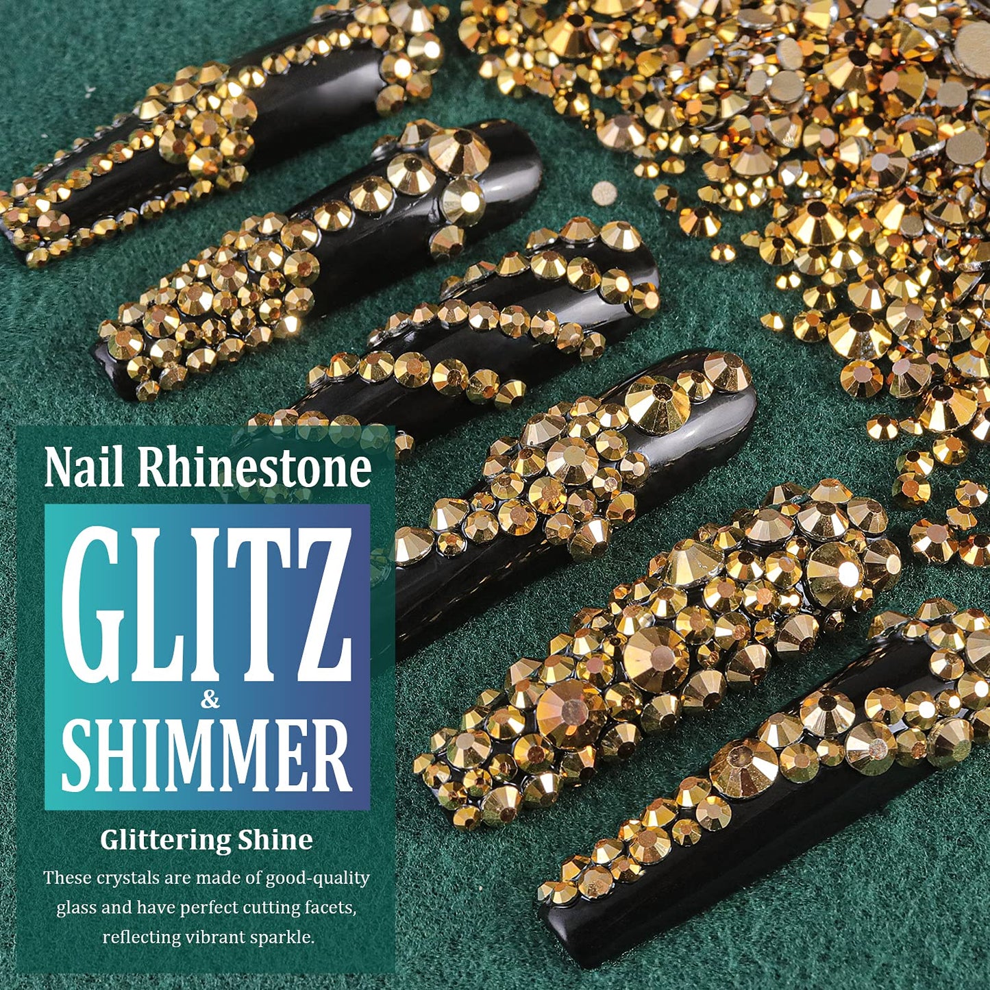 6 Sizes Gold Glass Crystal Kit with Pickup Pen + Tweezer Tools for Shine Nail Art Manicure Makeup DIY Decoration Flatback Round Rhinestone Gem Jewelry Diamond