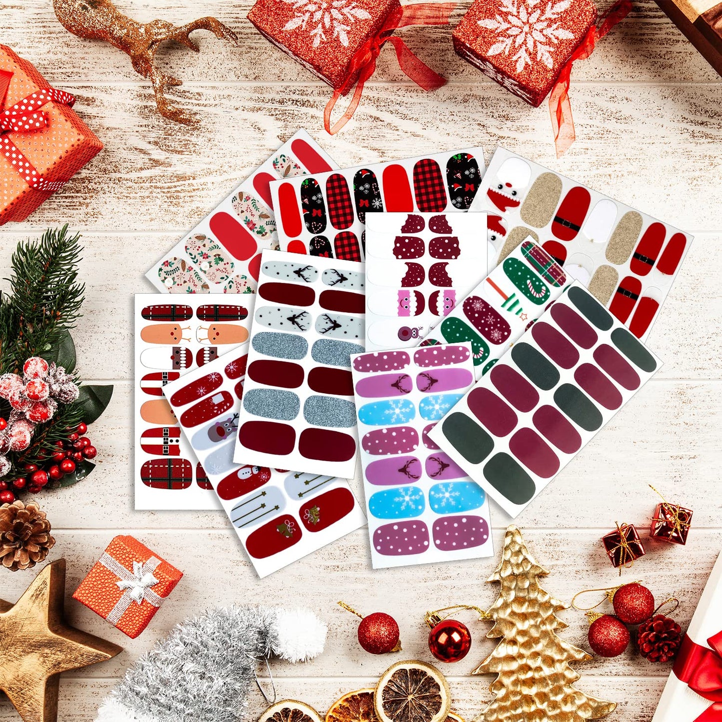 WOKOTO 20pcs Christmas Nail Polish Stickers - Full Nail Wraps, Holiday Nail Art Strips with 280 Tips - Christmas Tree, Socks, Elk, Snow Designs Stickers for Women Girls Nails Gel Strips Wraps