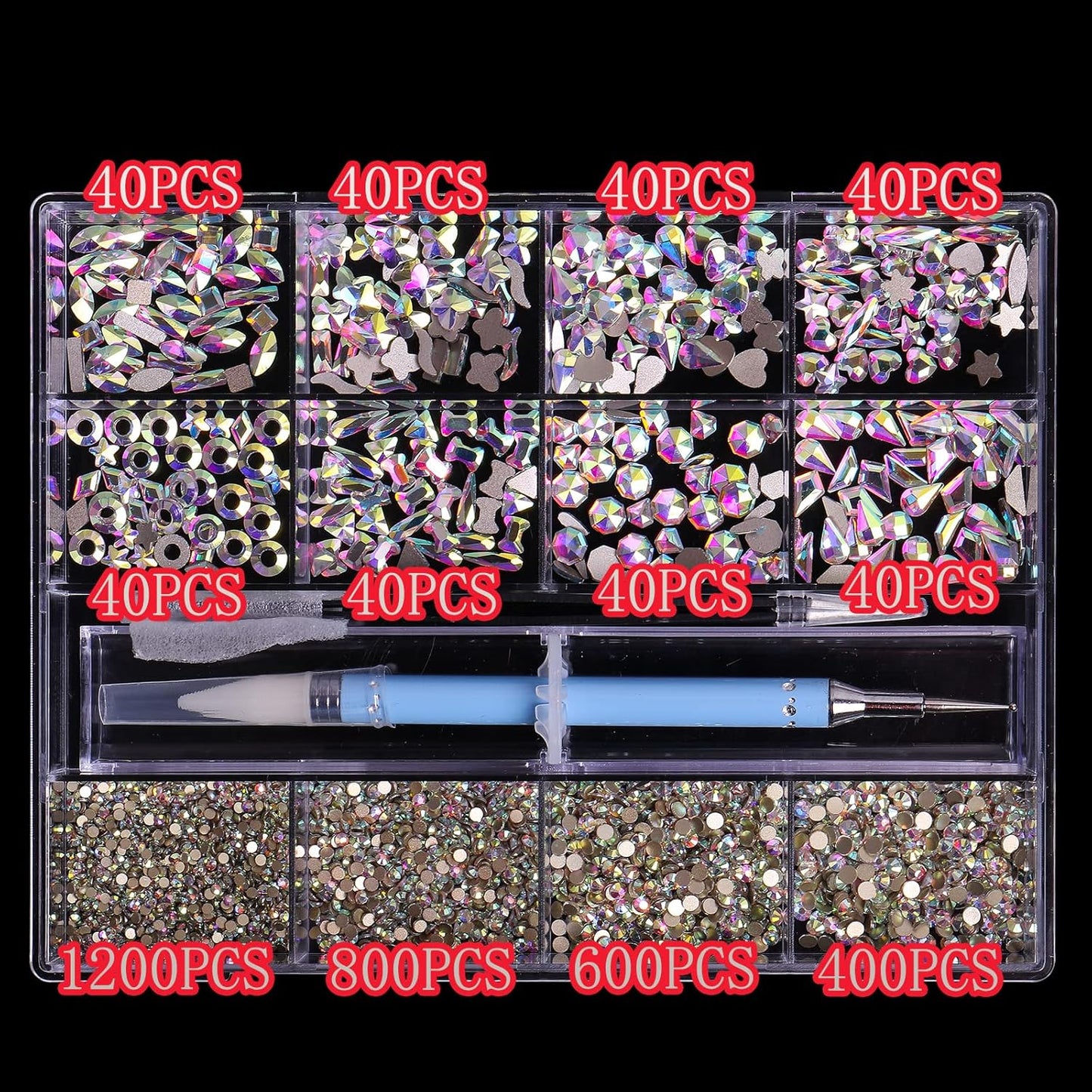 3320Pcs AB Nail Art Rhinestones Crystal,HOINCO 3D Rhinestones Gems Jewels Diamond,24 Types of 320 Diamonds + 3000 Round Beads, Crystals 3D Flat Back Gemstones for Nail DIY Crafts with Tweezers Pen