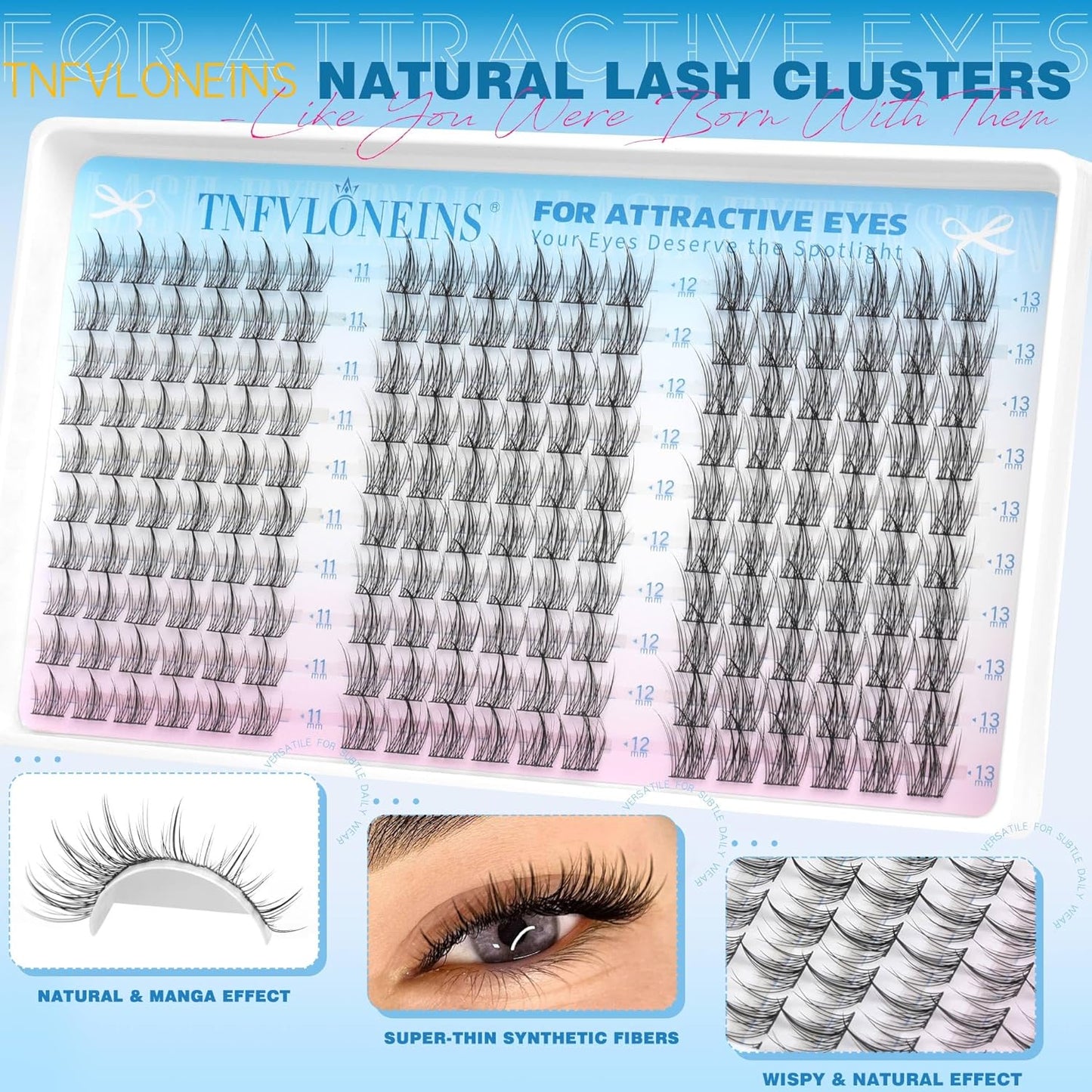 TNFVLONEINS Natural Lash Clusters Kit Wispy Lash Extension Kit Manga Eyelash Extension Kit Fairy Eyelash Clusters Kit DIY Eyelash Clusters Lashes 180Pcs Cluster Eyelash Extensions Individual Lashes