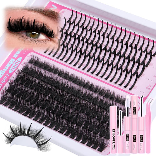 Lash Extension Kit with Lash Remover 100D Volume Spike Lash Clusters Kit D-curly Eyelash Extension Kit Manga Eyelash Clusters 10-21MM Individual Lashes Kit by Newcally