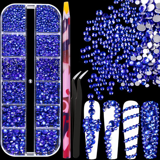 6 Sizes Royal Blue Glass Crystal Kit with Pickup Pen + Tweezer Tools for Shine Nail Art Manicure Makeup DIY Decoration Flatback Round Rhinestone Gem Jewelry Diamond
