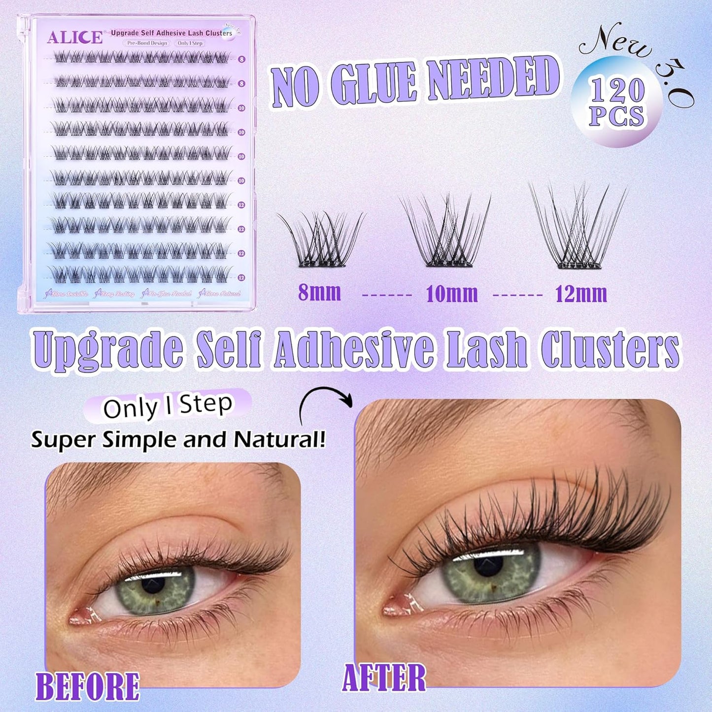 Self Adhesive Eyelashes Reusable Natural Self Adhesive Lash Clusters Wispy Press on Lashes Pre-Glue 8-12mm 120pcs C Curl DIY Eyelash Extensions Kit No Glue Needed by ALICE