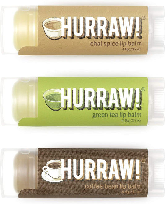 Hurraw! Chai Spice, Green Tea, Coffee Bean Lip Balms, 3 Pack Bundle: Organic, Certified Vegan, Cruelty and Gluten Free. Non-GMO, 100% Natural Ingredients. Bee, Shea, Soy and Palm Free. Made in USA
