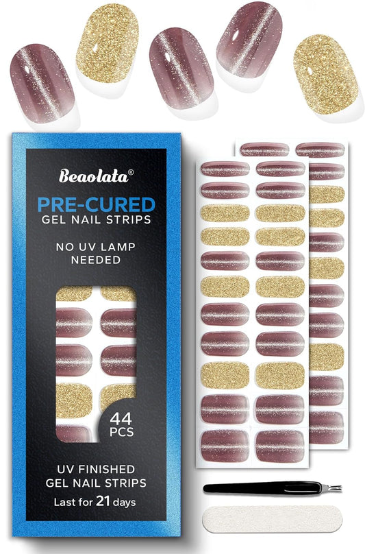 Pre Cured Gel Nail Strips - 44PCS Salon Quality Gel Nail Stickers - Long Lasting Polish Wraps for Women no UV Light Needed Easy Apply& Remove (Gothic Purple）