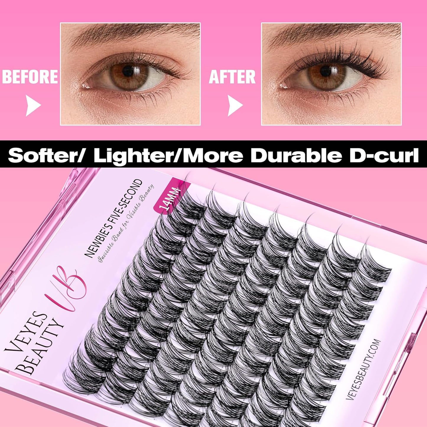 VEYESBEAUTY Lash Clusters Individual Eyelash Extensions Thin & Invisible Band DIY False Eyelashes for Self-application Newbie's Five-Second Series Wispy Lash Tray, LuxeBold 14mm Single Length