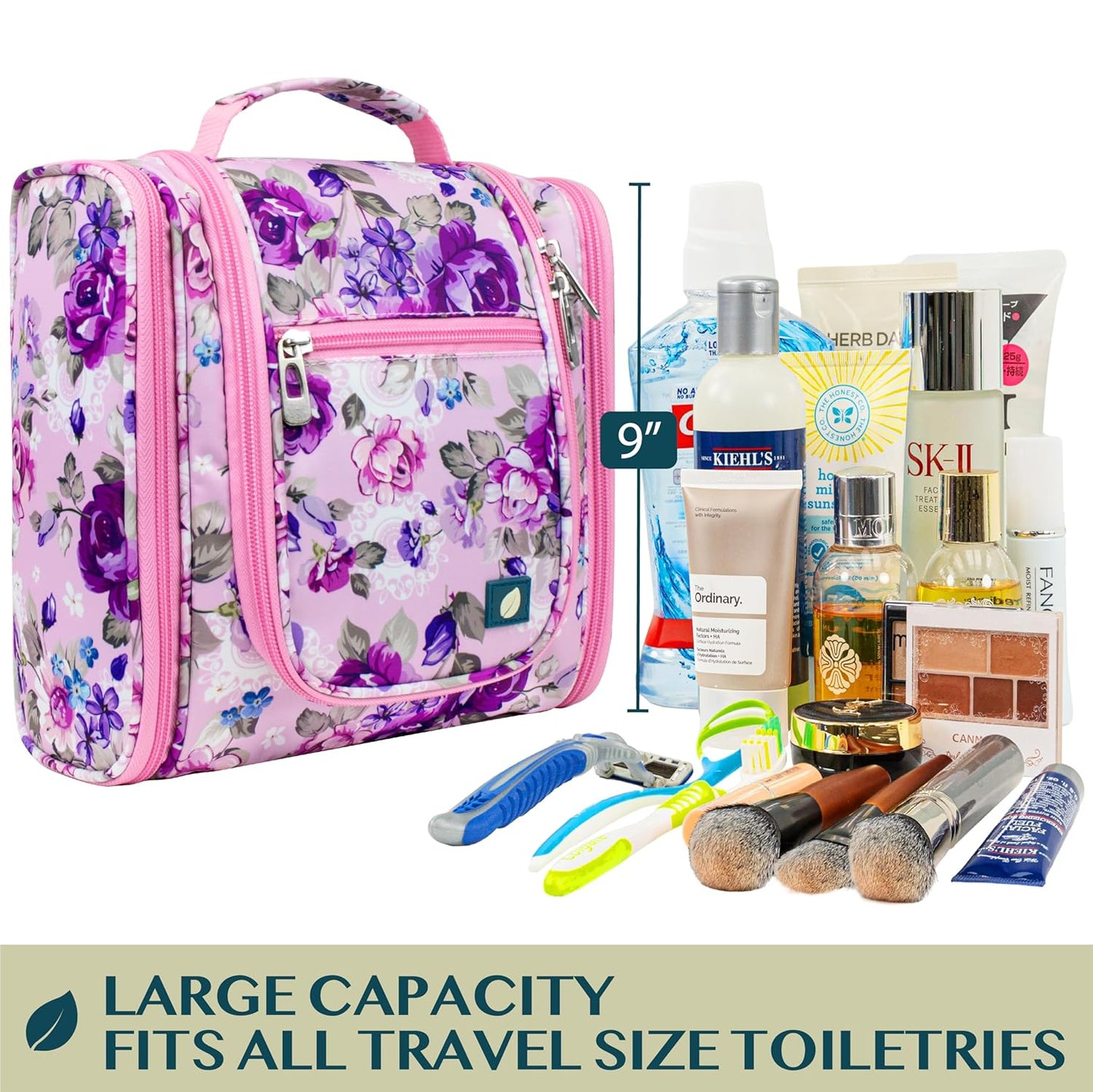 PAVILIA Toiletry Bag Travel Bag for Women Men, Hanging Cosmetic Organizer, Water Resistant Makeup Bag for Accessories Toiletries, Large Travel Essentials Kit (Floral Pink)