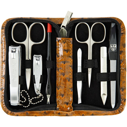 3 Swords Germany – brand quality 8 piece manicure pedicure grooming kit set for professional nail care with synthetic leather case ostrich cognac - Made in Germany