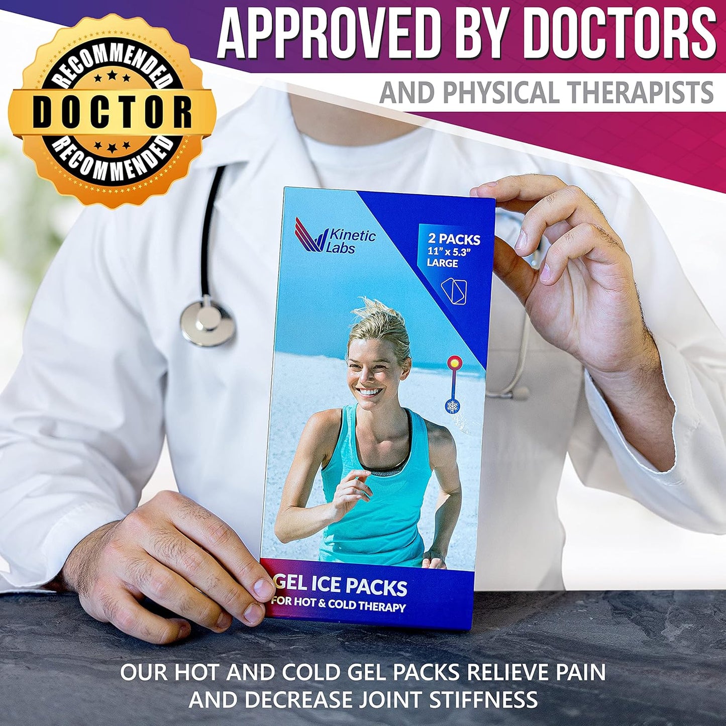 Reusable Gel Ice Packs for Injuries by Kinetic Labs (2 Pack) - Hot Cold Packs for Injuries 11" x 5.3" - Flexible Ice Packs for Back Head Knee Shoulder Neck Ankle Elbow Feet Headaches Surgery (Large)