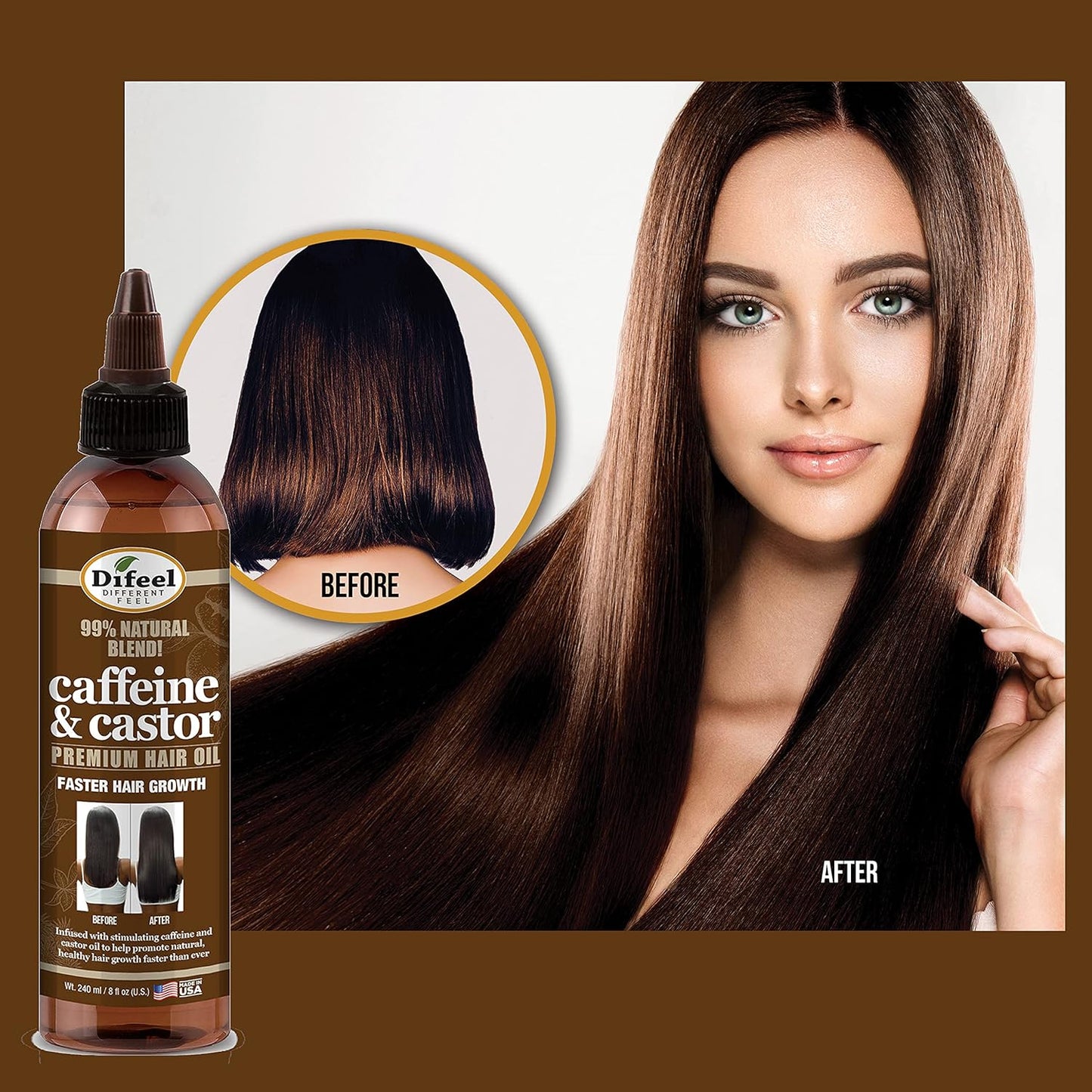 Difeel 99% Natural Premium Hair Oil - Caffeine & Castor Fastest Hair Growth, 8 oz.