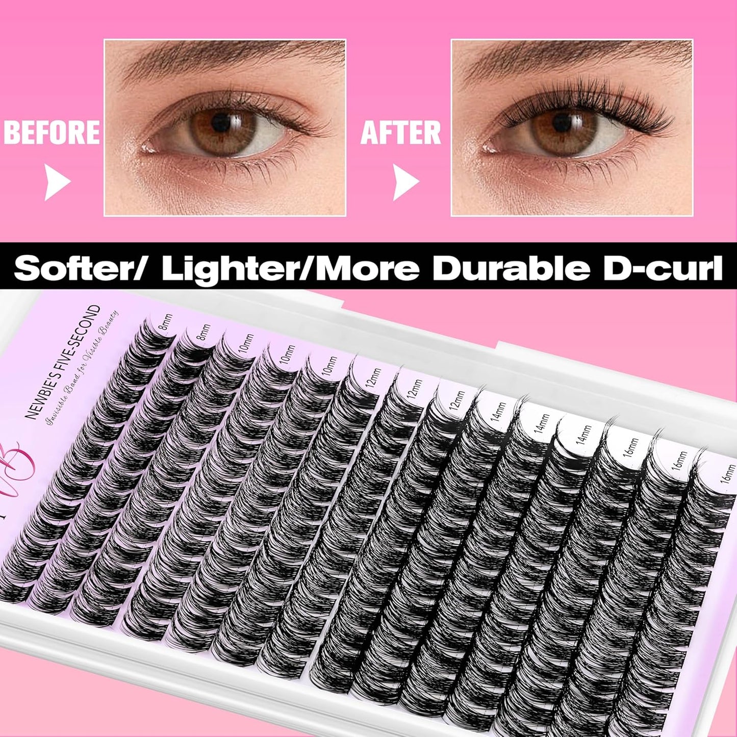 VEYESBEAUTY Lash Clusters Kit Individual Eyelash Extensions Thin & Invisible Band DIY False Eyelashes Newbie's Five-Second Series Wispy Lash Tray, Boldeye KIT with Bond&Seal Remover Applicator
