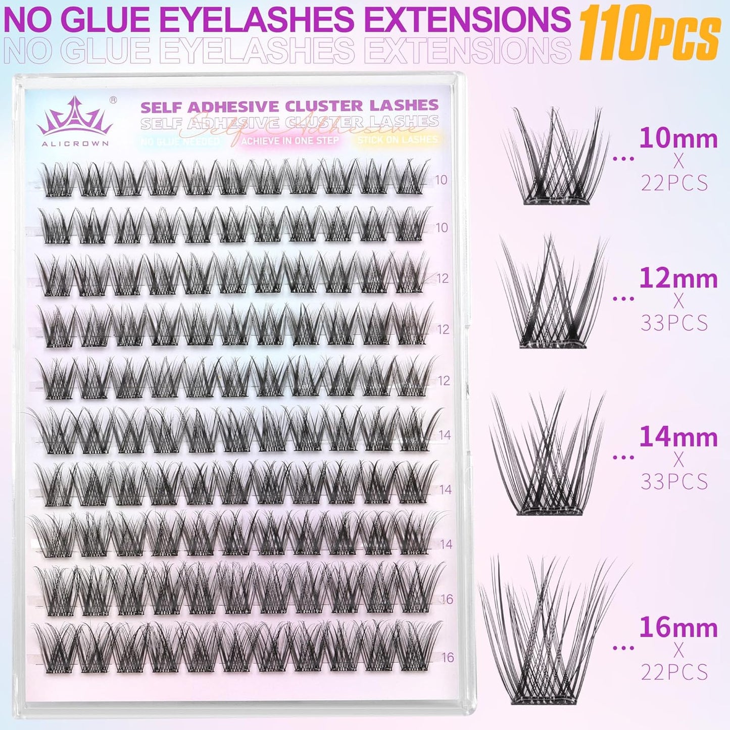 Self Adhesive Eyelashes No Glue Self Adhesive Lash Clusters Pre Glued Eyelashes Clusters Natural Wispy Glueless Eyelash Extensions Reusable DIY Lash Extensions (110Pcs, 10mm-16mm)