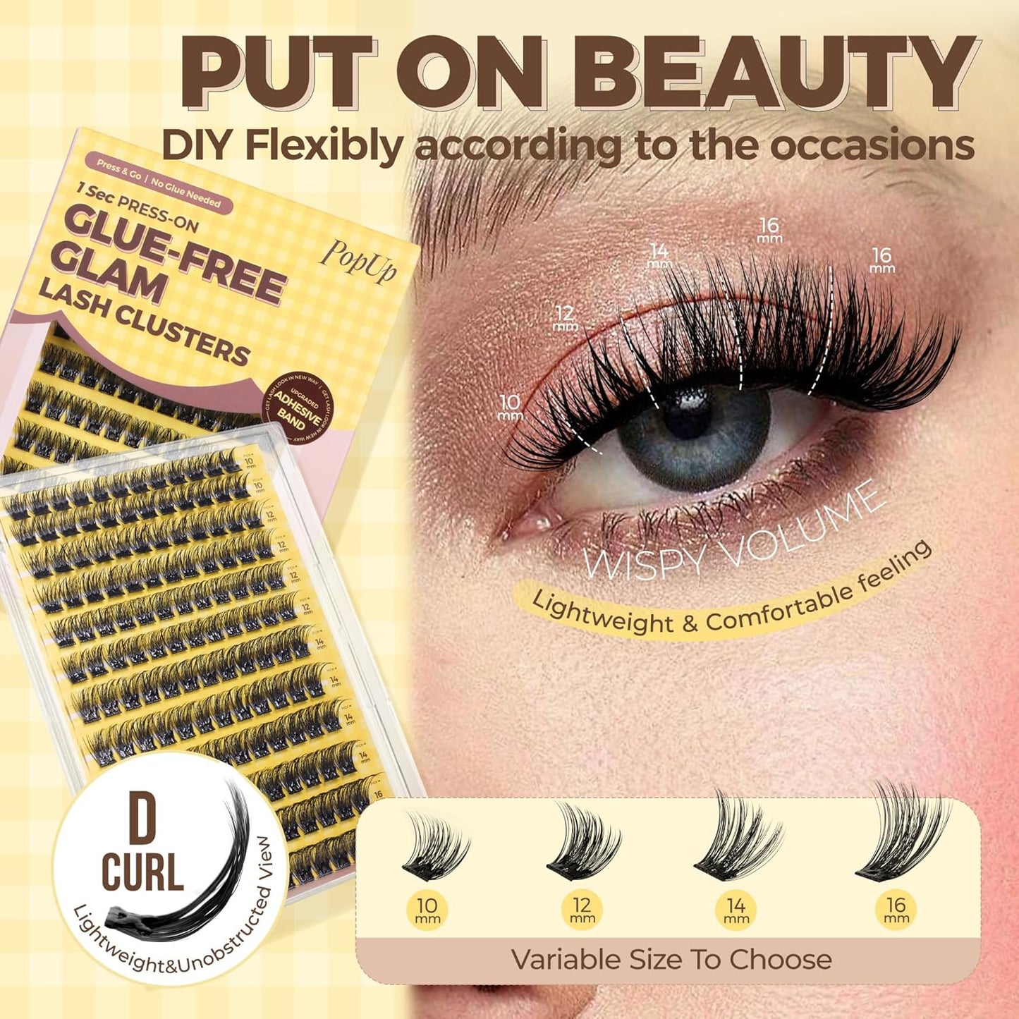 PopUp Self Adhesive Eyelashes Clusters, Press On Lashes Pre Glued Eyelash Extension Kit with Lash Tweezer,10-16mm No Glue No Remover Needed Self Adhesive Lashes Clusters ZNF23-D