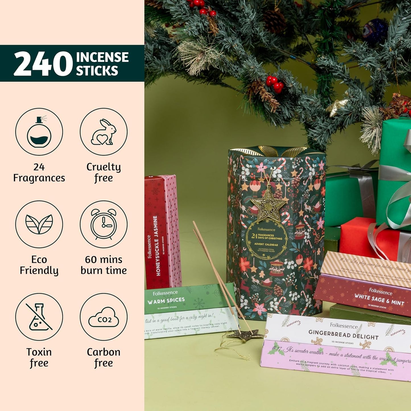 Folkulture Advent Calendar 2025 - Pack of 24 Incense Sticks for Gifts | Pack of 240 - Organic, Non-Toxic, Slow Burning Inscense for Women |