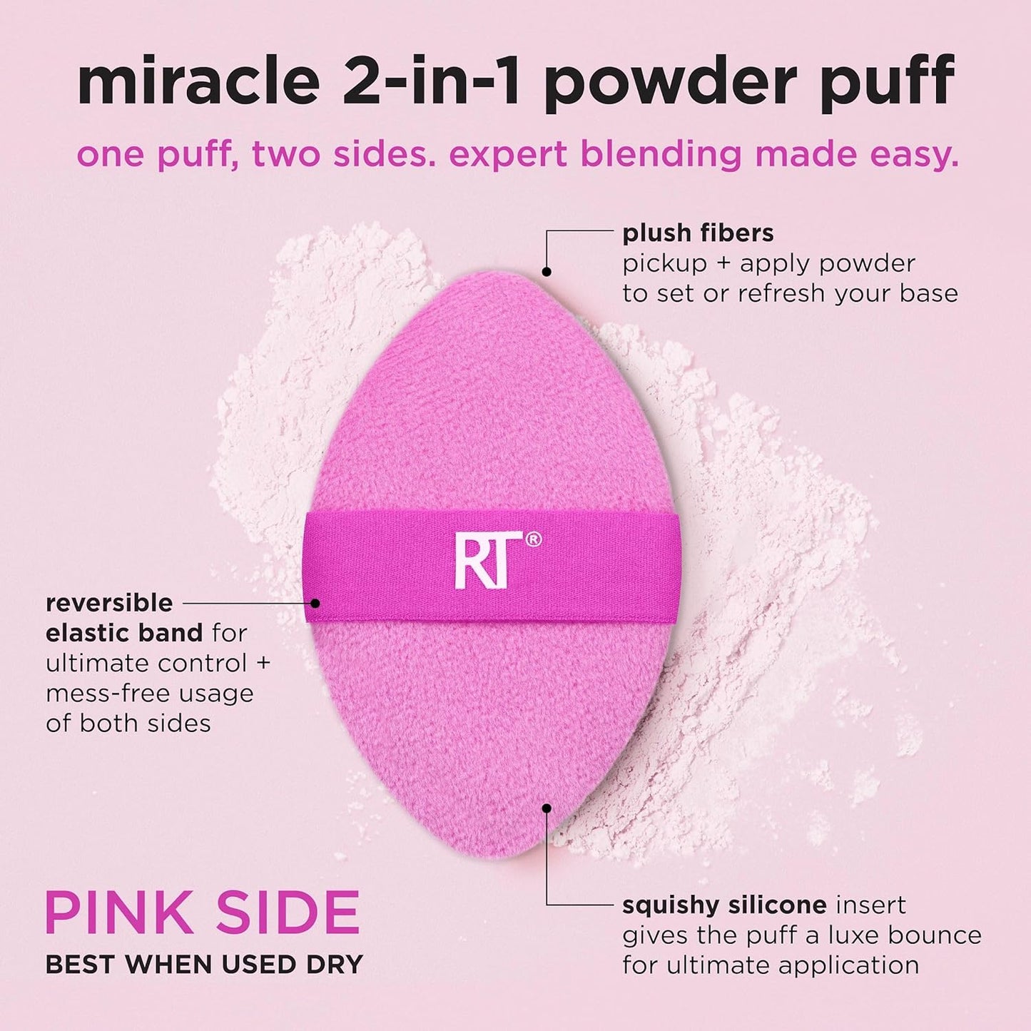 Real Techniques Miracle 2-In-1 Powder Puff 4 Pack, Dual-Sided, Full Size Makeup Blending Puff, Reversible Elastic Band, Makeup Sponge & Powder Puff, For Liquid, Cream & Powder Products, Cruelty-Free