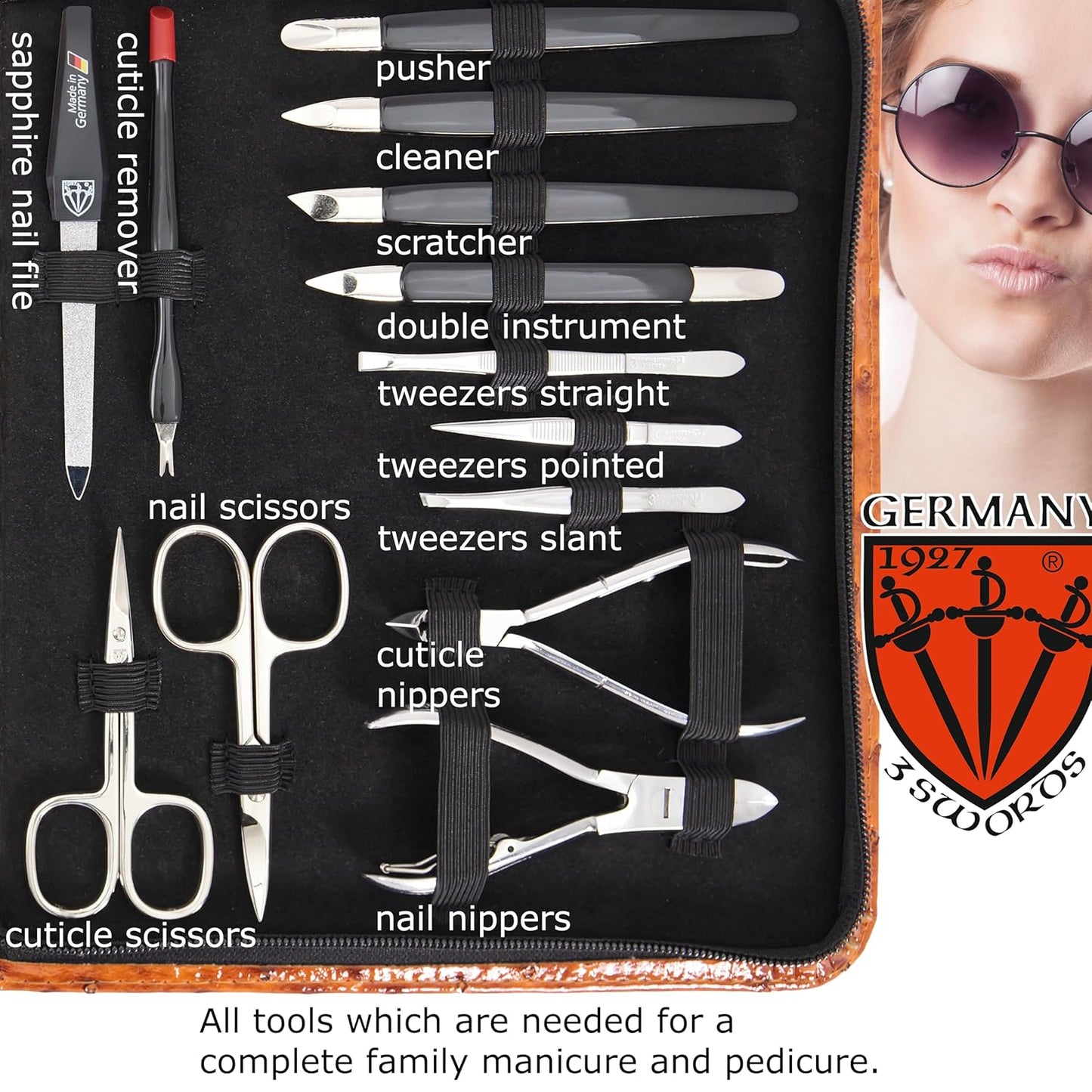 3 Swords Germany - Brand Quality 23 Piece Manicure Pedicure Grooming kit Set for Professional Finger & Toe Nail Care Tweezers File Clipper Fashion Leather case in Gift Box, Made by 3 Swords (7452)