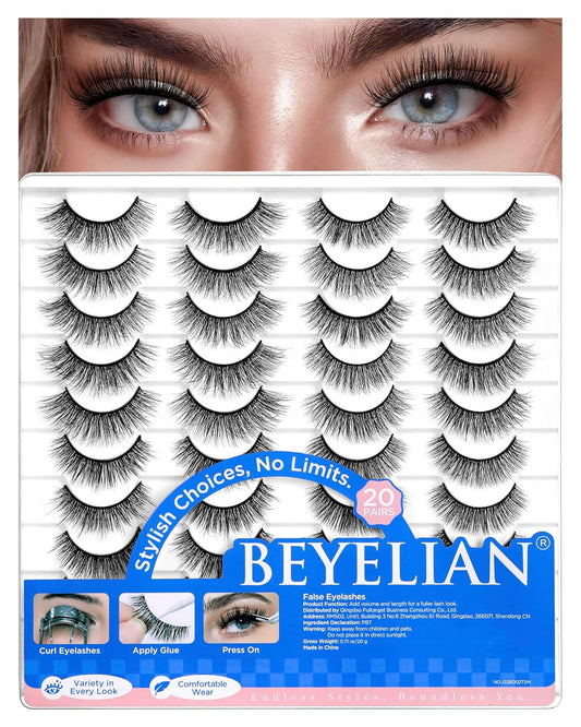 BEYELIAN False Eyelashes Natural Look 20 Pairs Strip Lashes, Wispy Lash Pack Soft 3D Volume Faux Mink Lashes