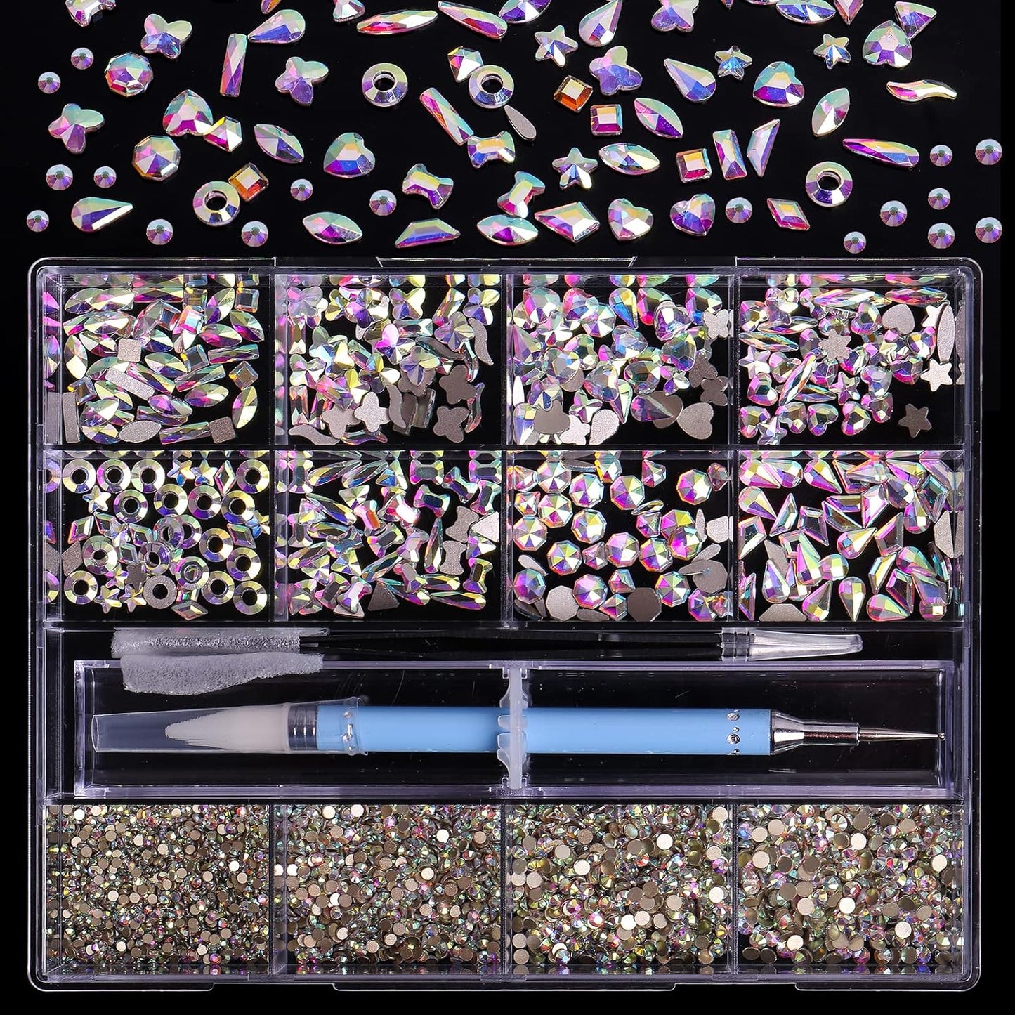 3320Pcs AB Nail Art Rhinestones Crystal,HOINCO 3D Rhinestones Gems Jewels Diamond,24 Types of 320 Diamonds + 3000 Round Beads, Crystals 3D Flat Back Gemstones for Nail DIY Crafts with Tweezers Pen