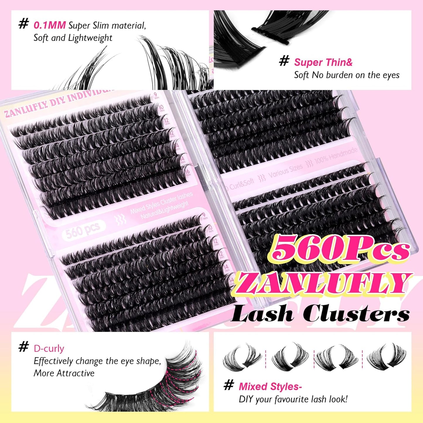 Lash Clusters D-Curly Individual Lashes Volume Eyelash Clusters Bulk zanlufly Thick Lash Extension 560Pcs Natural DIY Eyelash Extension (9-16MM,60D+70D+80D+100D)