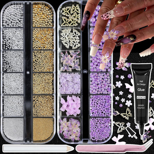 Nail Art Charms with Rhinestones Glue Gel Purple Flatback Pearls Flower Butterfly Nail Gems Supplies Accessories Gold Silver Nails Pearls for Women Nails Design Decoration