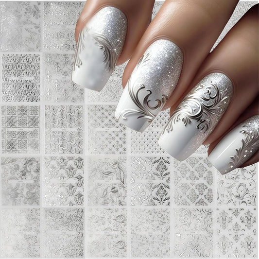 30 Sheets Silver Lace Nail Art Stickers 3D Self-Adhesive Silver Hollow Retro Floral Vine Design Decals for Women Spring Summer Manicure Slider Decorations